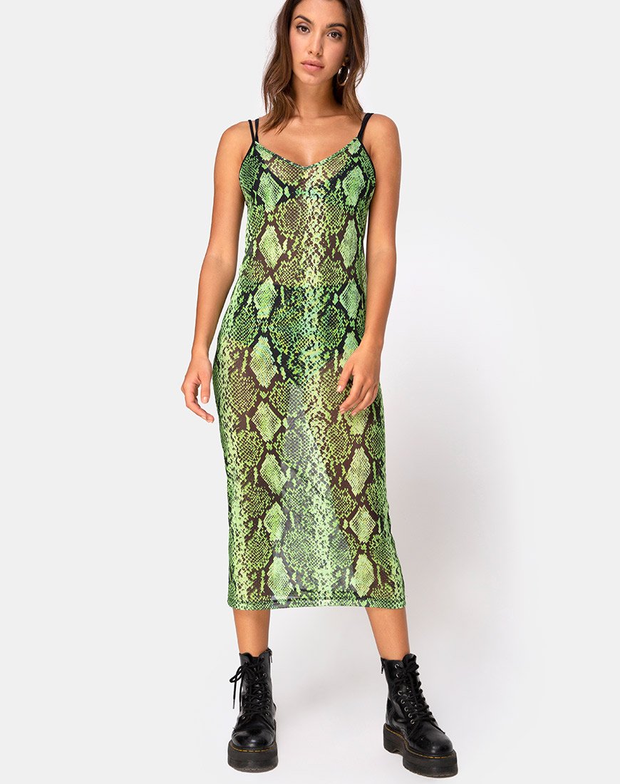 Afbeelding van Midnight Midi Dress in Slime Lime Snake Mesh