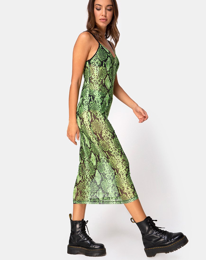 Afbeelding van Midnight Midi Dress in Slime Lime Snake Mesh
