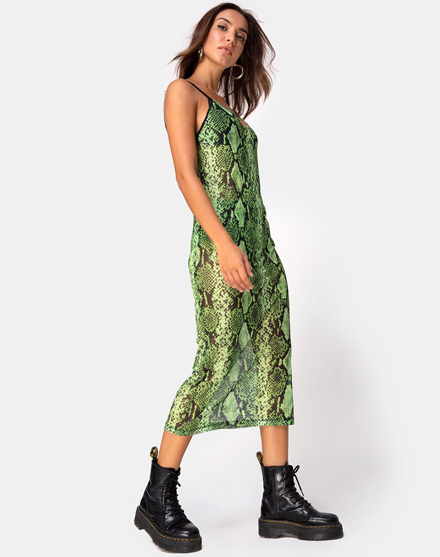 Afbeelding van Midnight Midi Dress in Slime Lime Snake Mesh