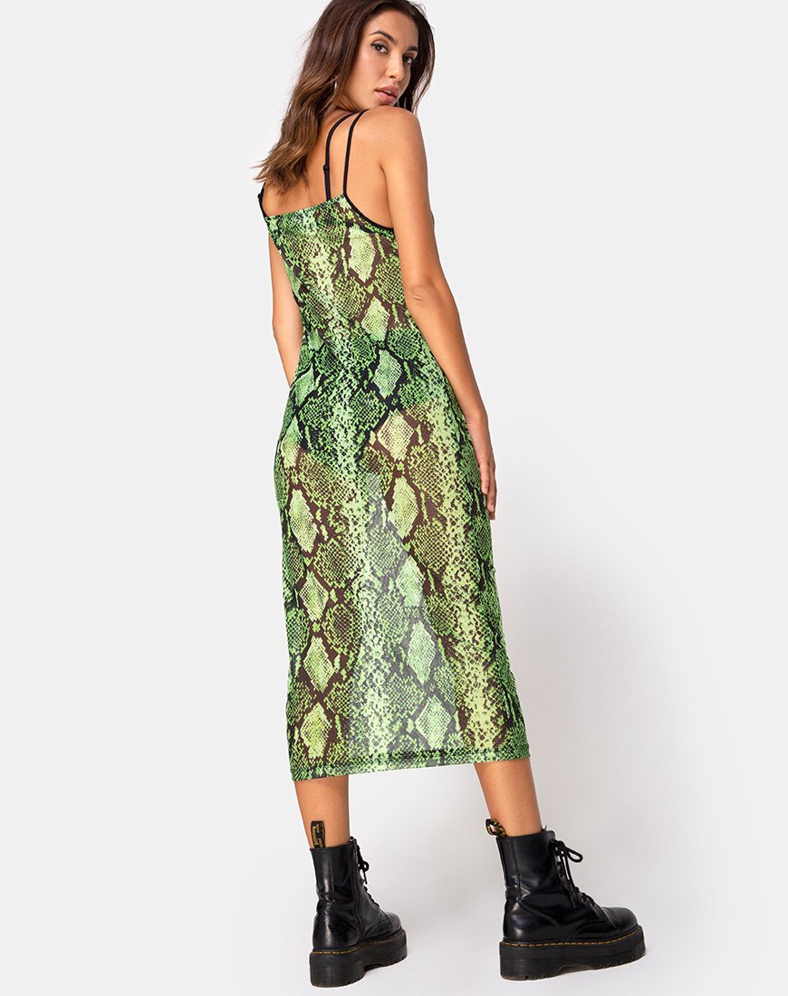 Afbeelding van Midnight Midi Dress in Slime Lime Snake Mesh
