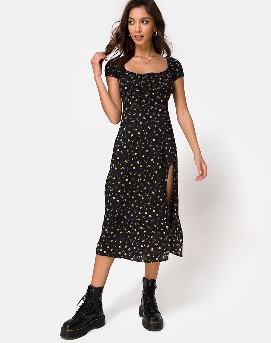 Afbeelding van Milla Midi Dress in Pretty Petal Zwart