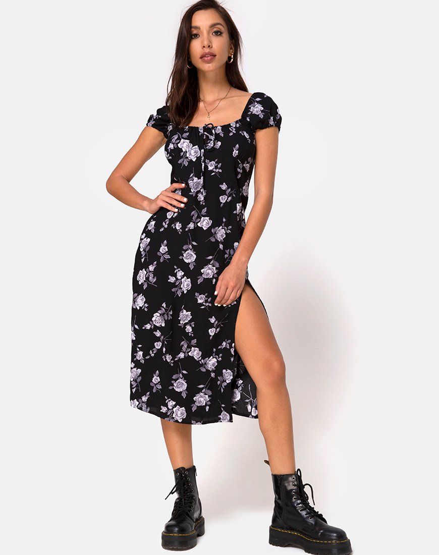 Afbeelding van Milla Midi Dress in White Rose Black