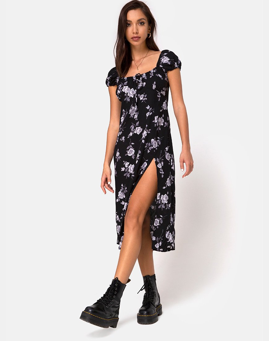 Afbeelding van Milla Midi Dress in White Rose Black