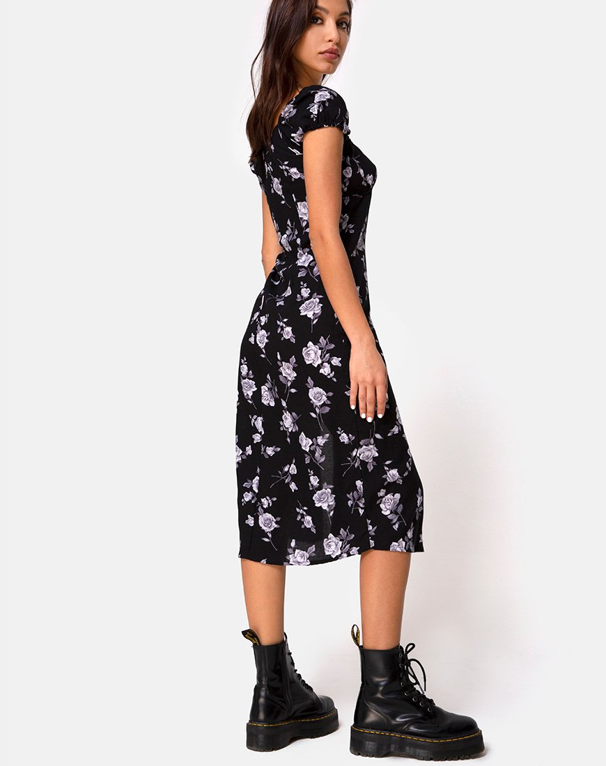 Afbeelding van Milla Midi Dress in White Rose Black