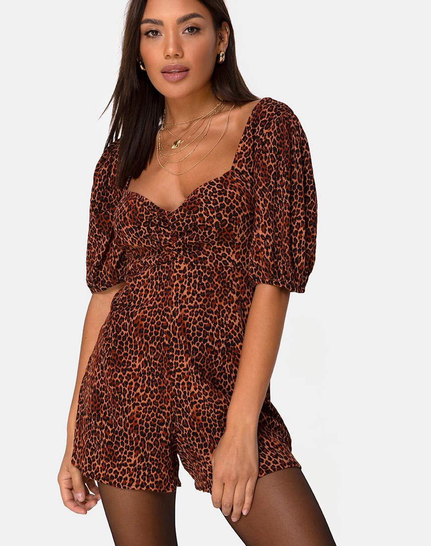 Afbeelding van Monali Playsuit in Crinkle Ditsy Leopard Orange