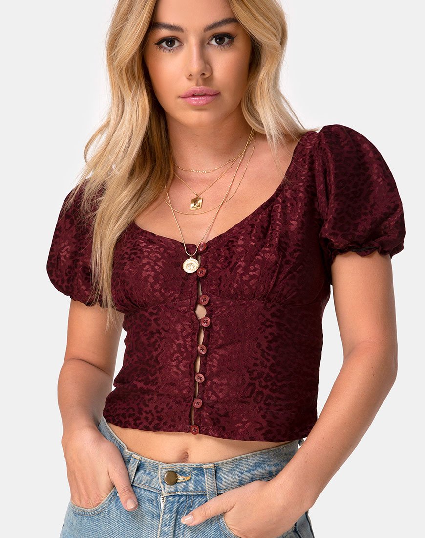 Monda Top in Satijn Cheetah Bourgondië