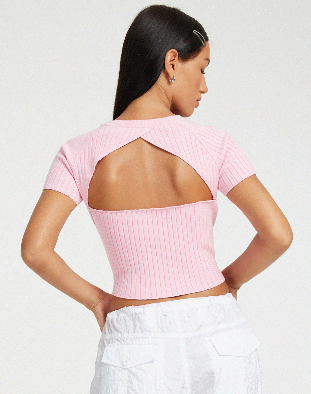 Morsche Cut Out Crop Gebreide Top in Roze