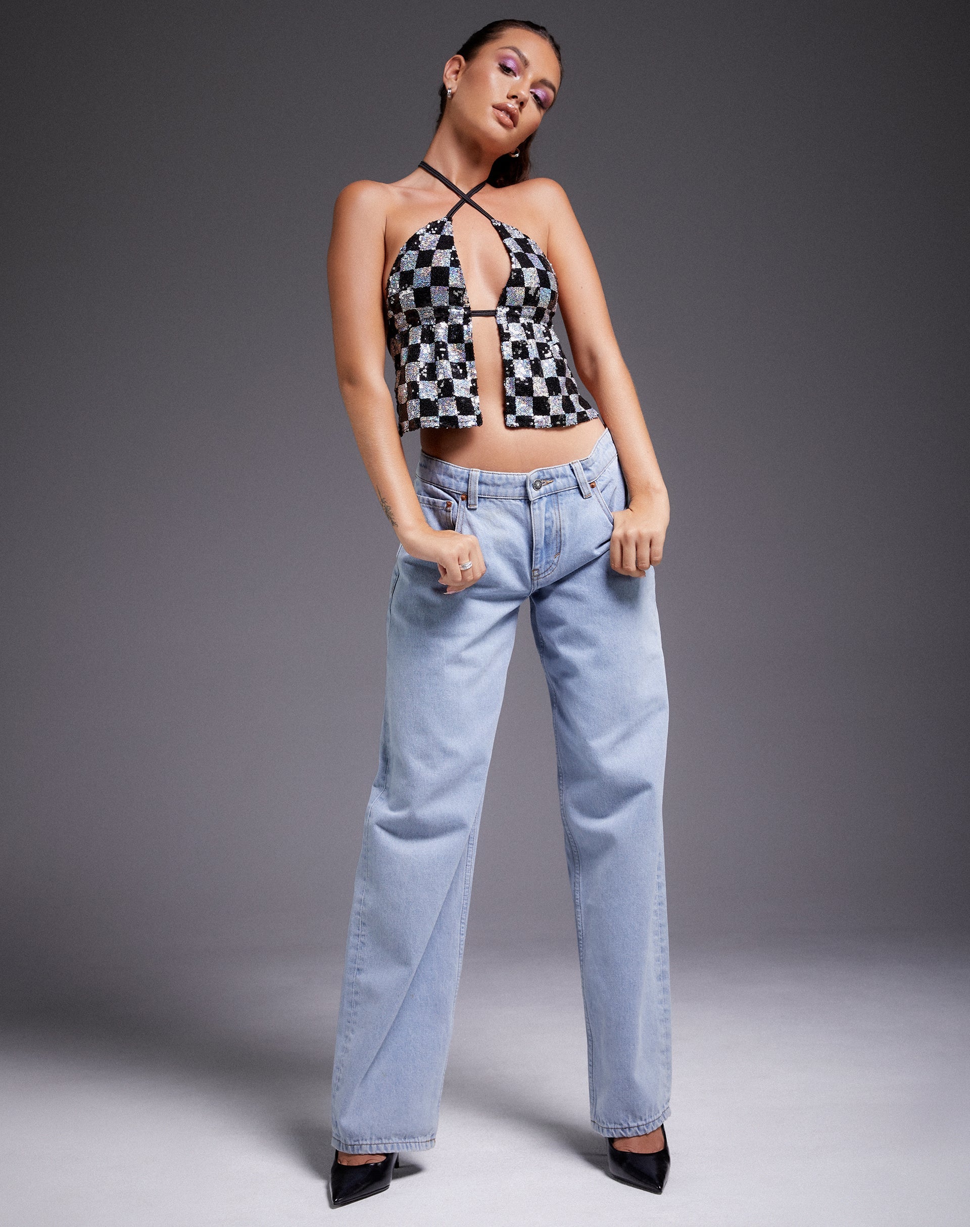 Afbeelding van Runita Top in Checkerboard Sequin Zwart en Zilver