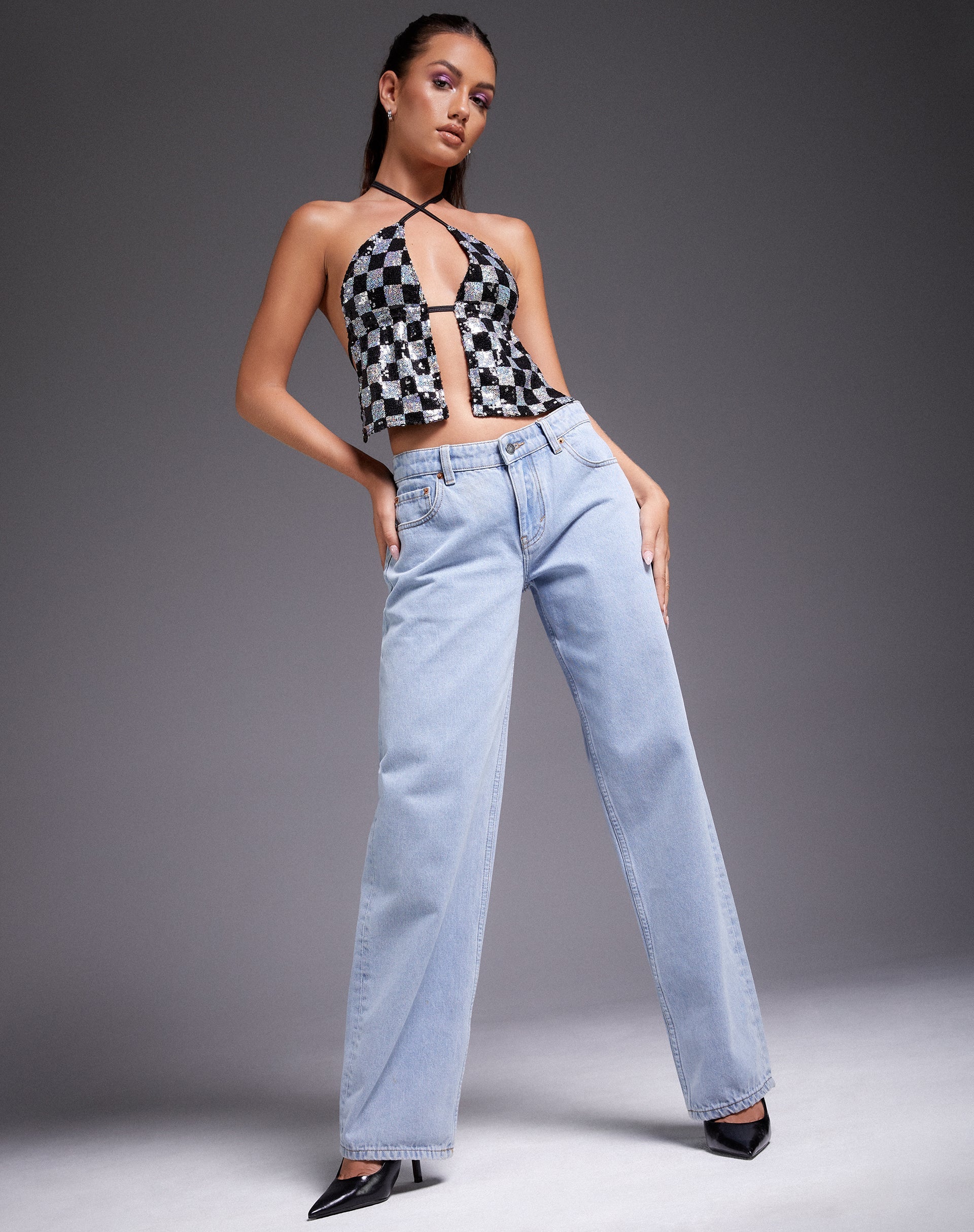Afbeelding van Runita Top in Checkerboard Sequin Zwart en Zilver