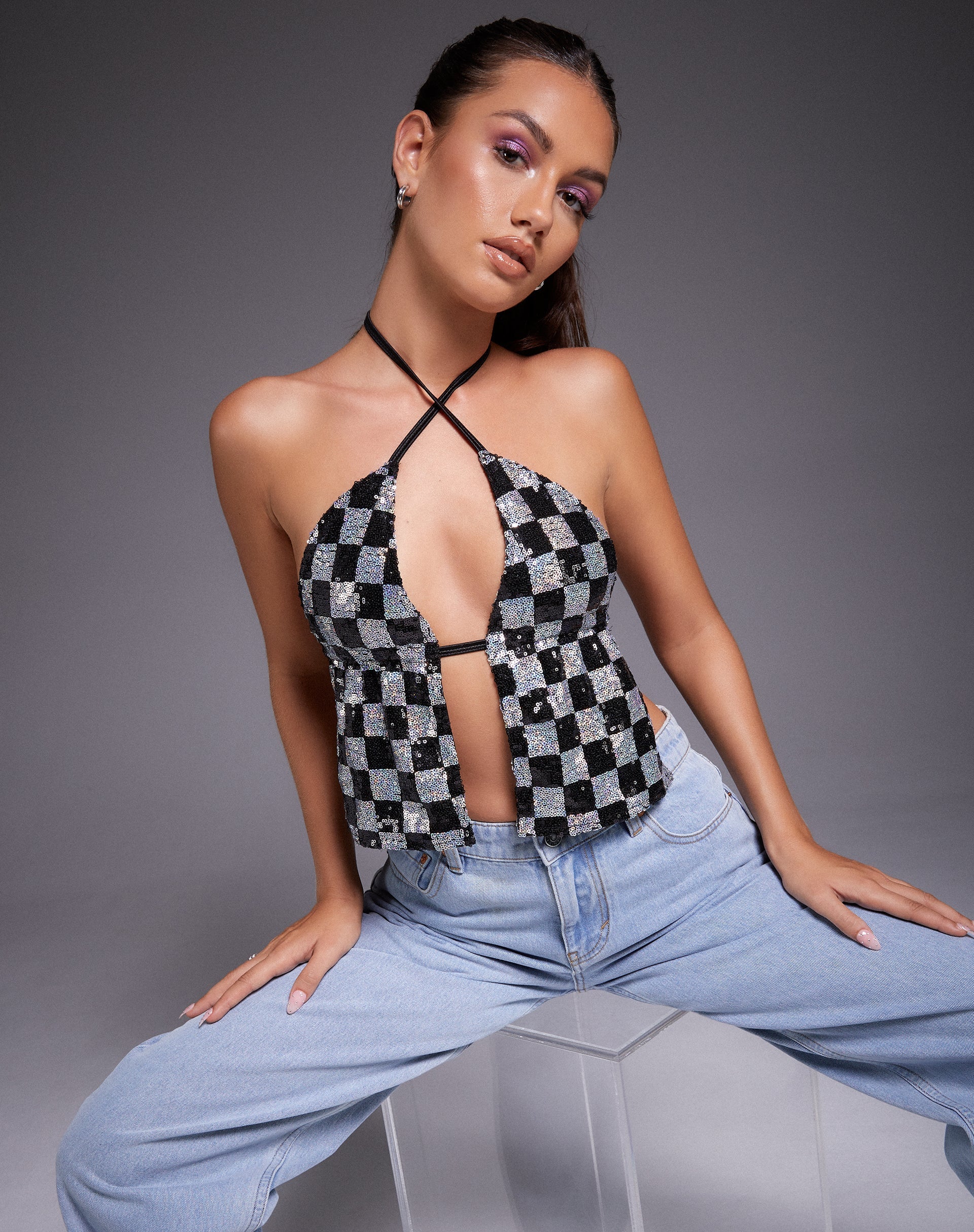 Afbeelding van Runita Top in Checkerboard Sequin Zwart en Zilver