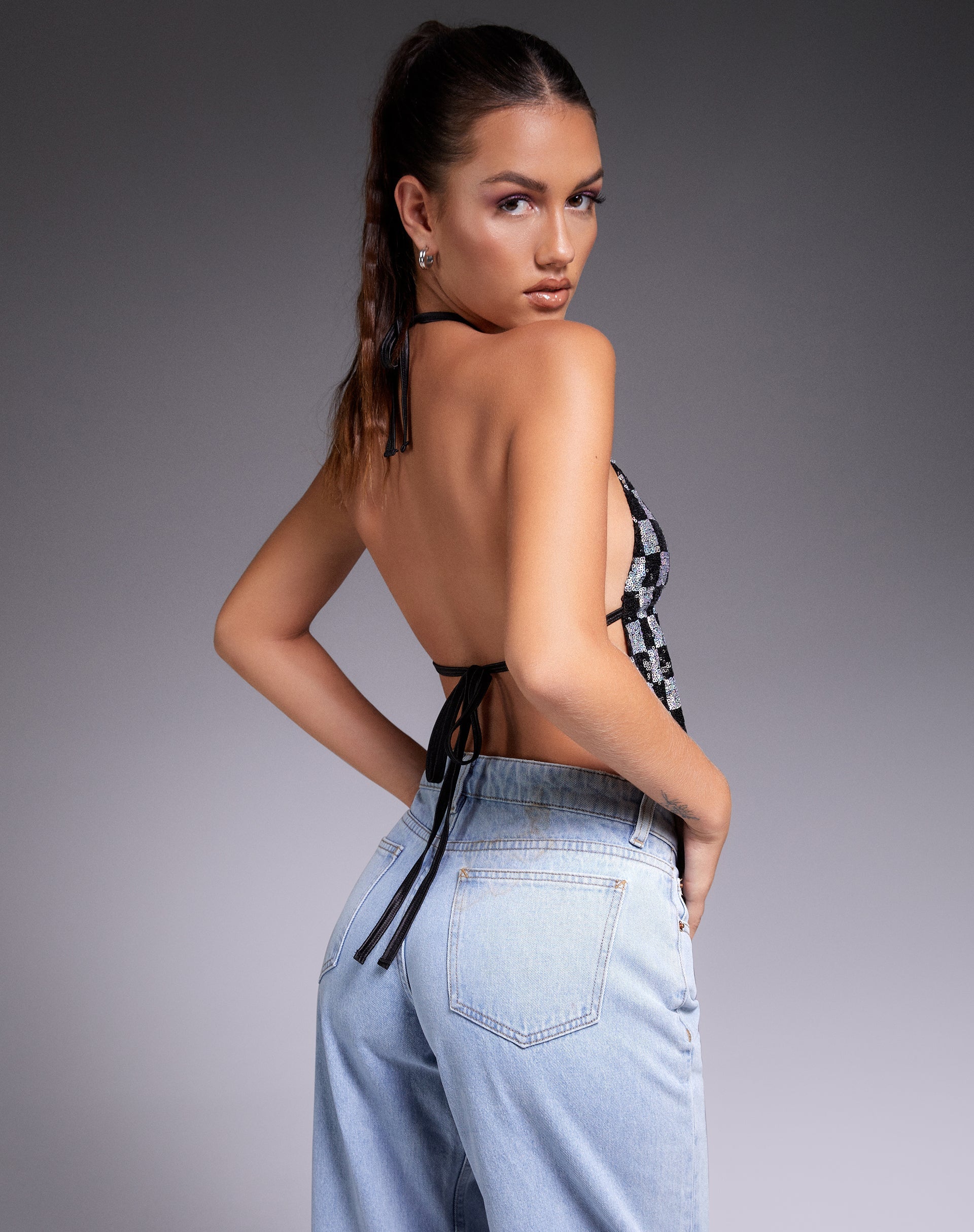 Afbeelding van Runita Top in Checkerboard Sequin Zwart en Zilver