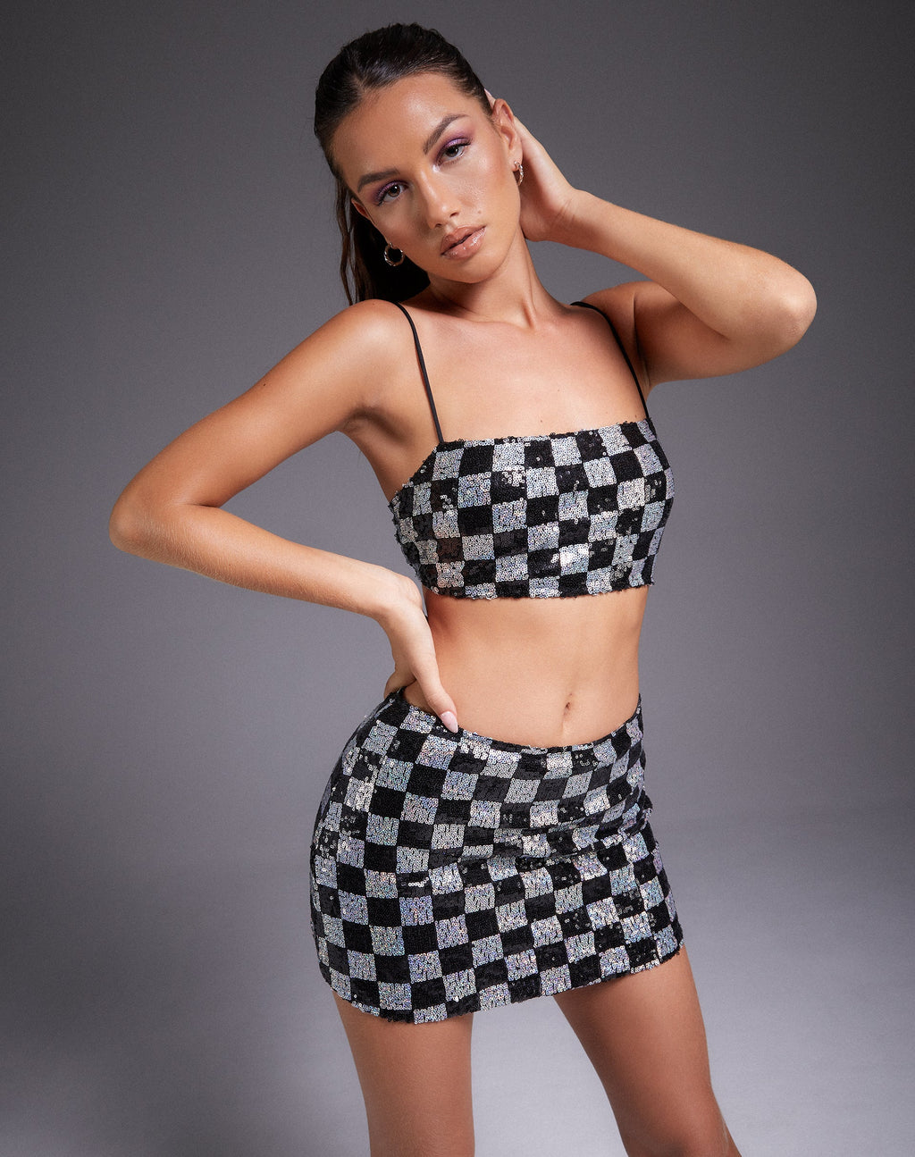 Keyan Tube Top in Checkerboard Sequin Zwart en Zilver