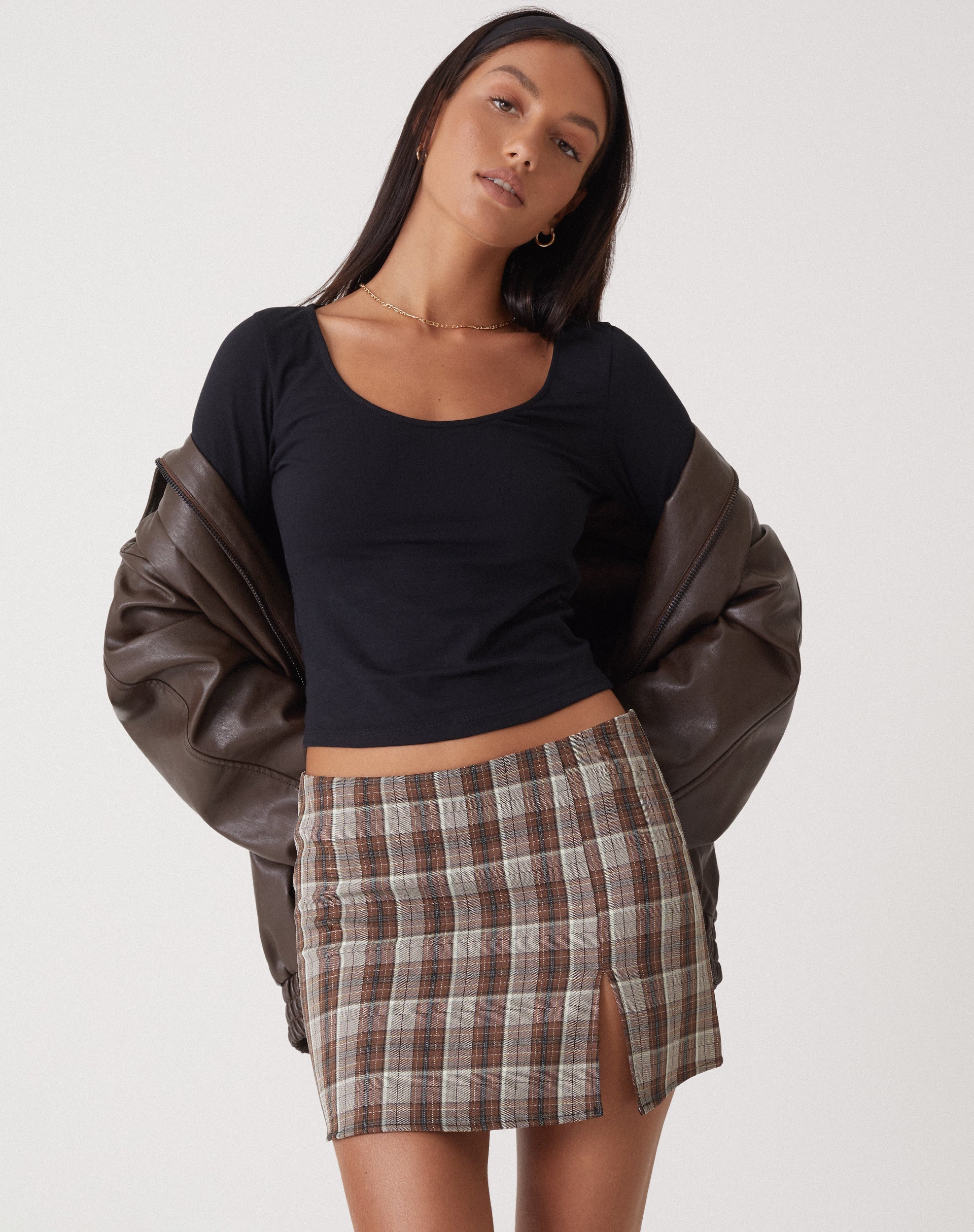 MOTEL X OLIVIA NEILL Pelma Mini Rok in geruit Tan Bruin