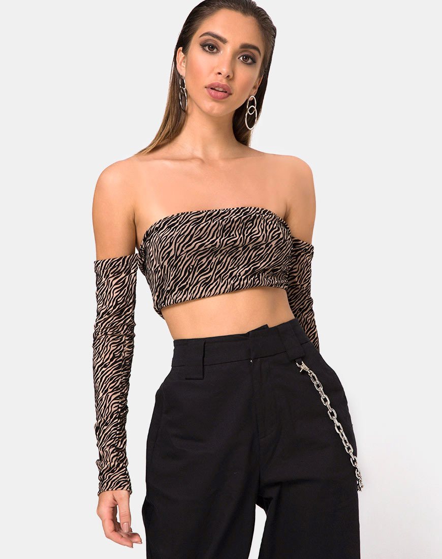 Nareen Off Shoulder Top in Tijgernet Tan