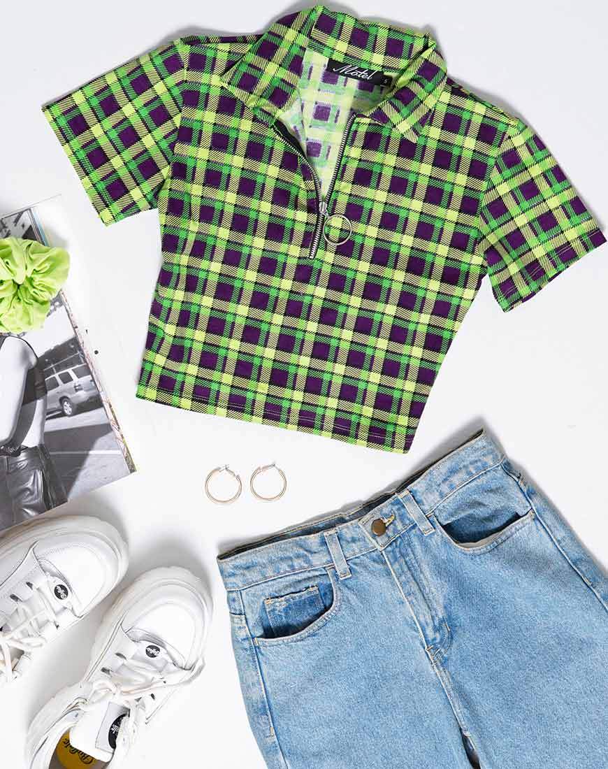 Afbeelding van Dhen Crop Top in Groen en Paars Ruitje