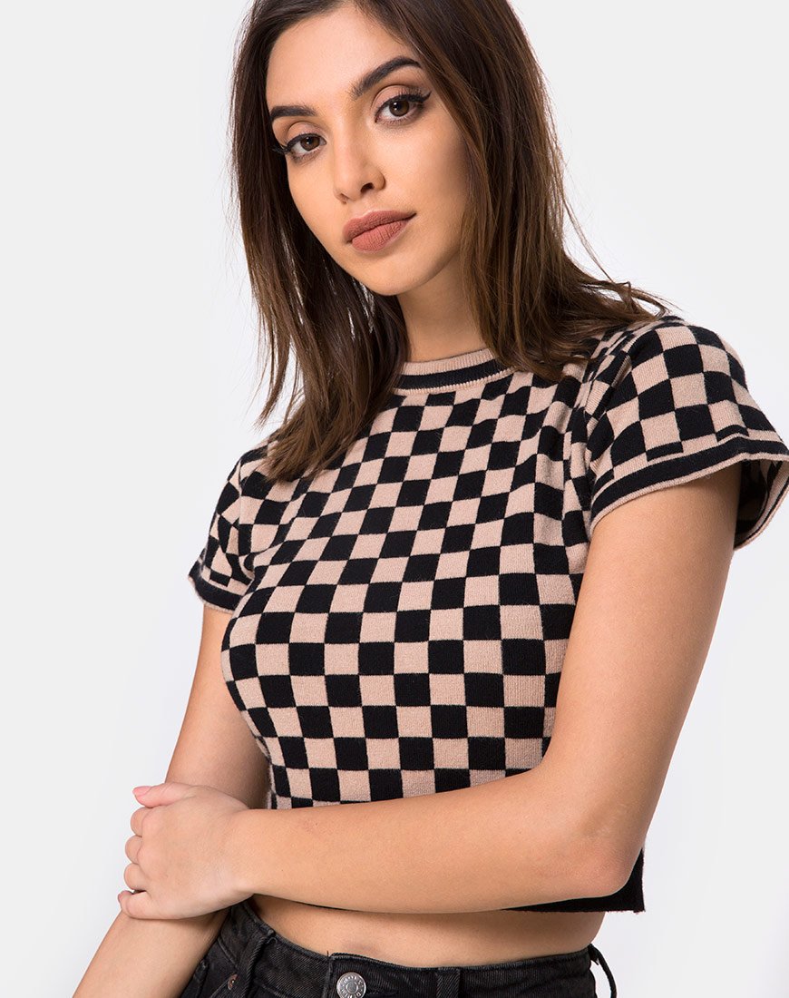 Afbeelding van Nelle Crop Top in Checkerboard Tan