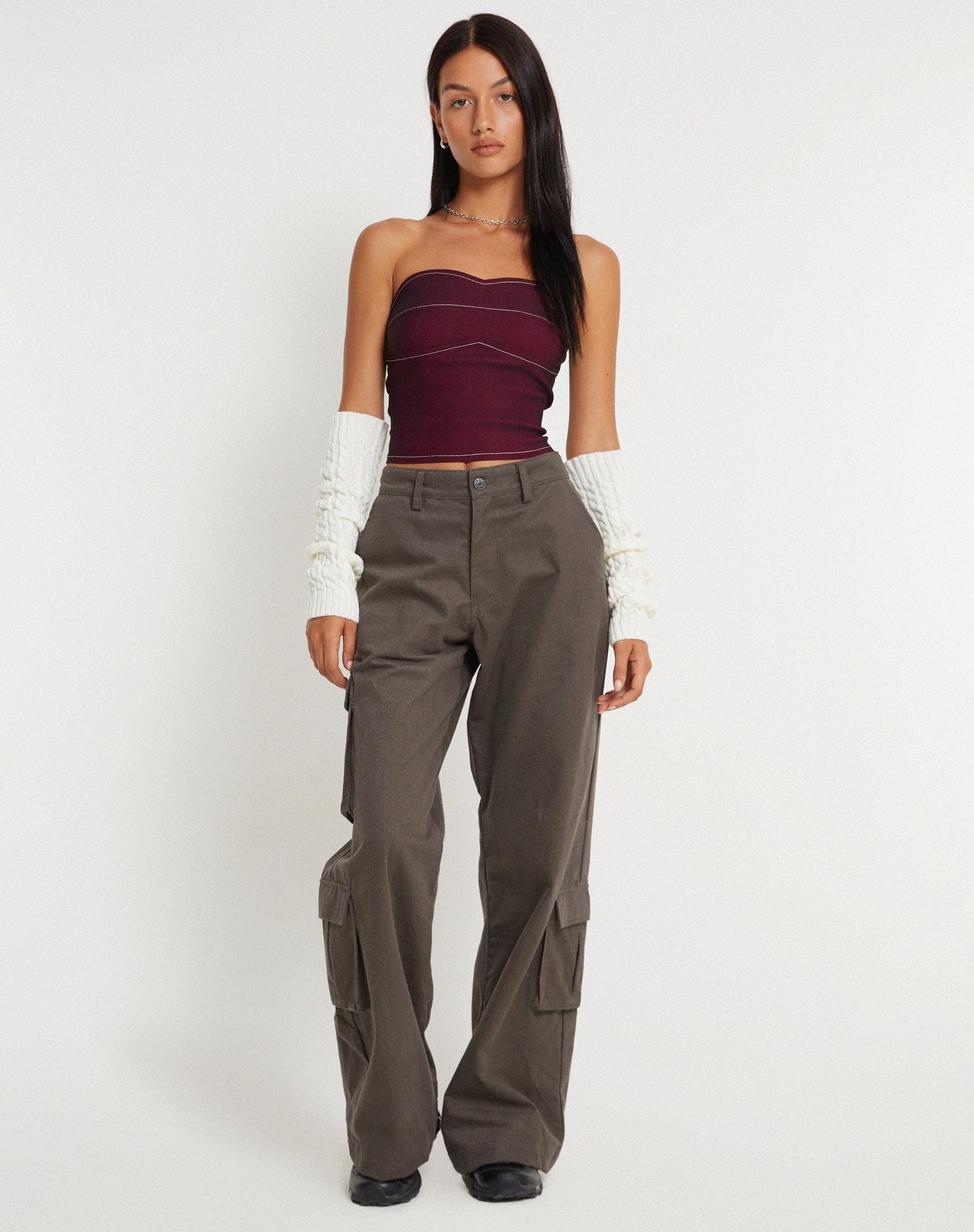 Afbeelding van Nelly Cropped Corset Top in Bourgondië met Ecru Stitch Detail
