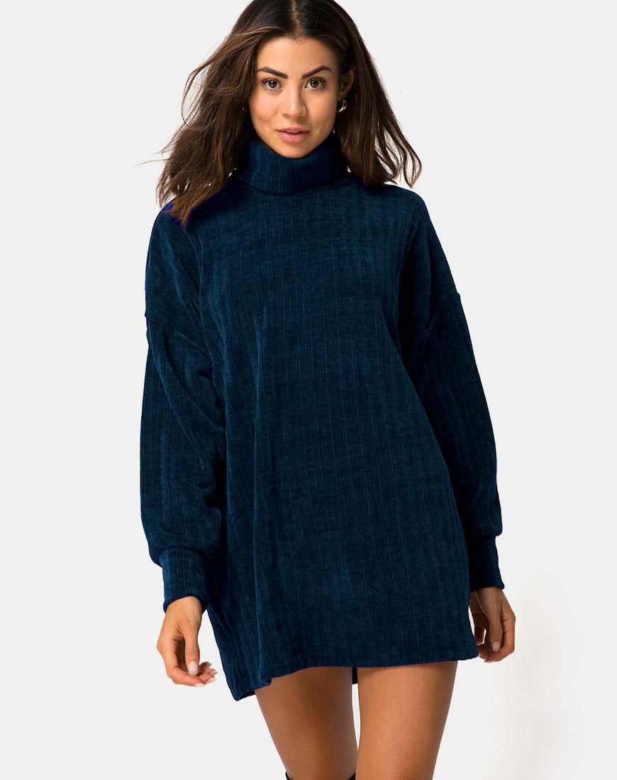 Neve Oversize Trui Jurk in Chenille Blauw
