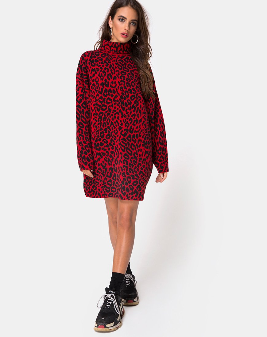 Afbeelding van Neivie Trui Dress in Dierenbrei Rood