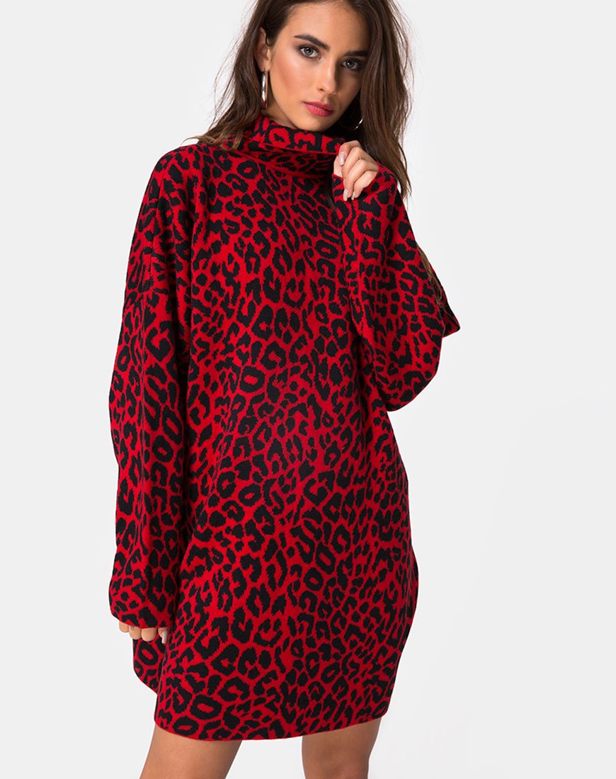 Afbeelding van Neivie Trui Dress in Dierenbrei Rood