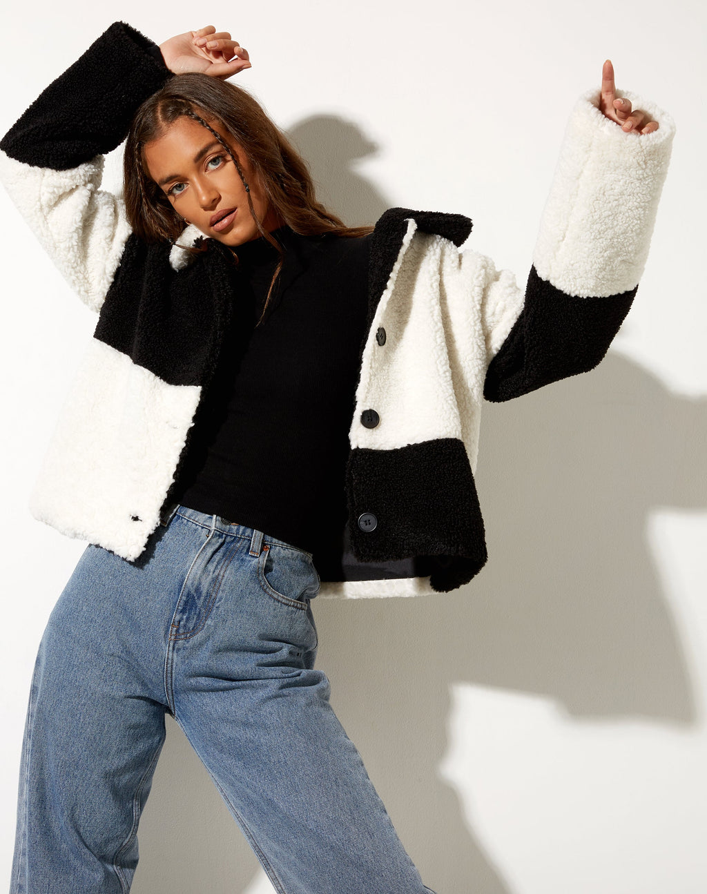 Nuna Jacket in Borg Panelled Zwart en Wit