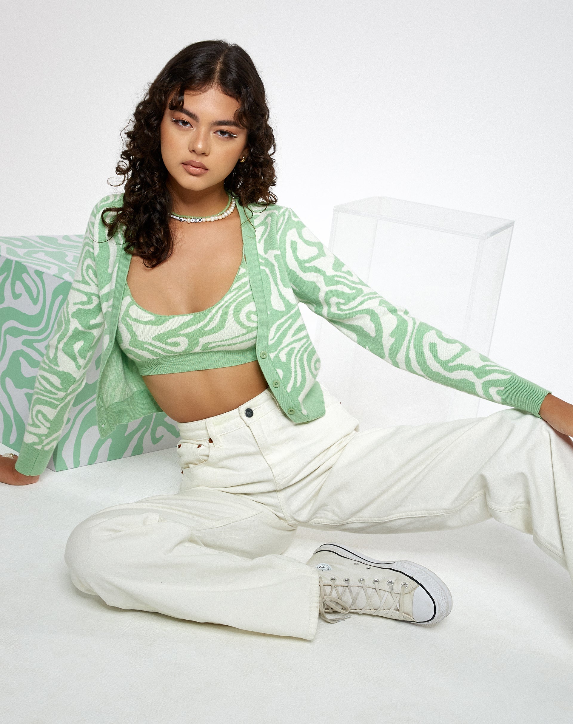 Afbeelding van Motel X Barbara Kristoffersen Odina Cardi in gebreide Jagged Swirl pepermunt en crème