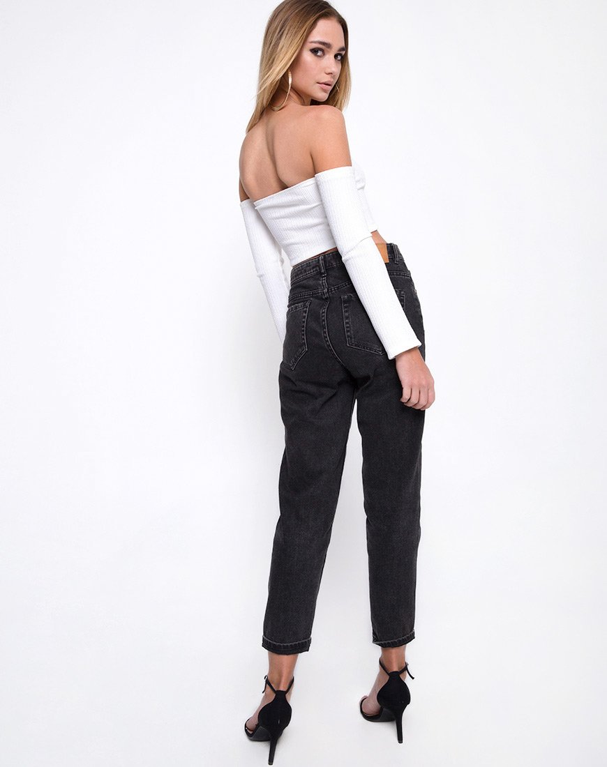 Afbeelding van Okie Off The Shoulder Crop Top in Multi Rib Ivory