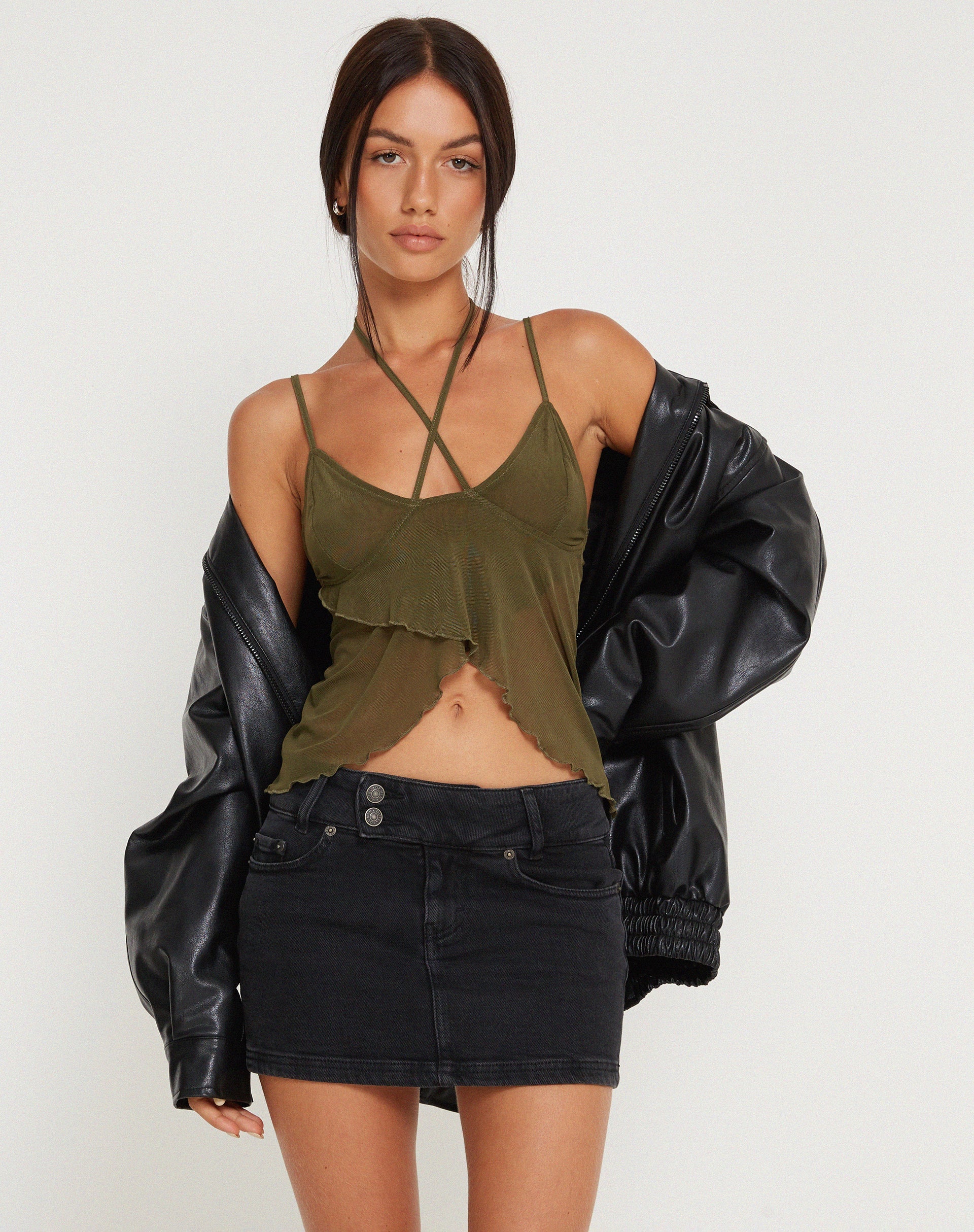 Afbeelding van Olgira Mesh Halterneck Vest Top in Khaki