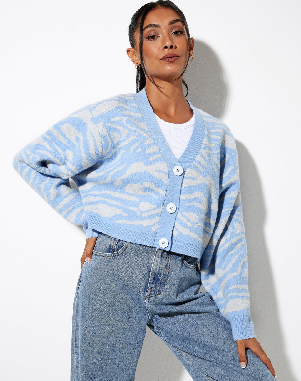 Olina Cropped Cardi in Zebrablauw Grijs