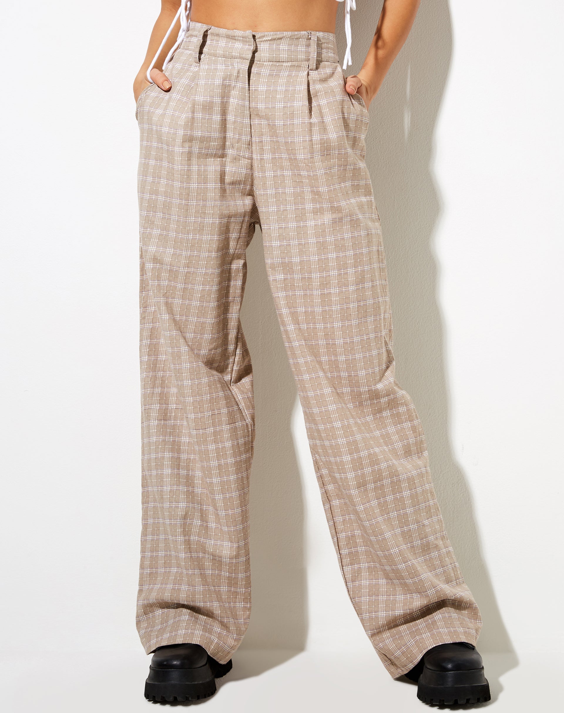 Afbeelding van Onfal broek met wijde pijpen in taupe ruit