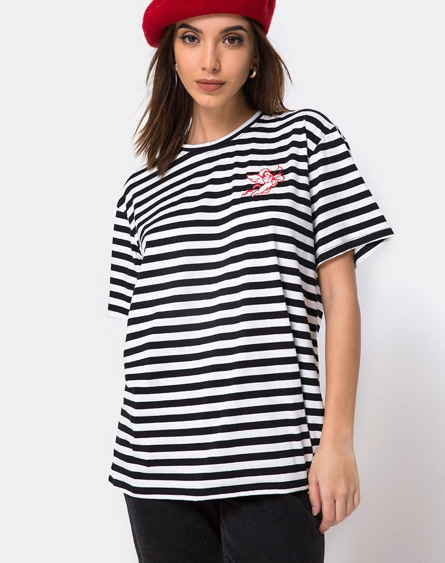 Oversized Basic T-shirt in zwart-witte streep met borduursel van Cherubijn