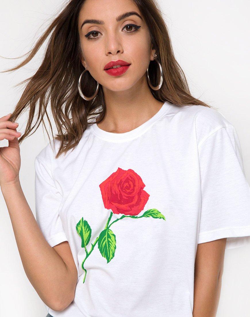 Oversized Basic T-shirt in Wit met Roos