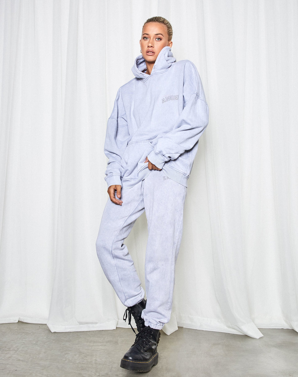 Oversized Hoodie in Silver Wash Angel Embro