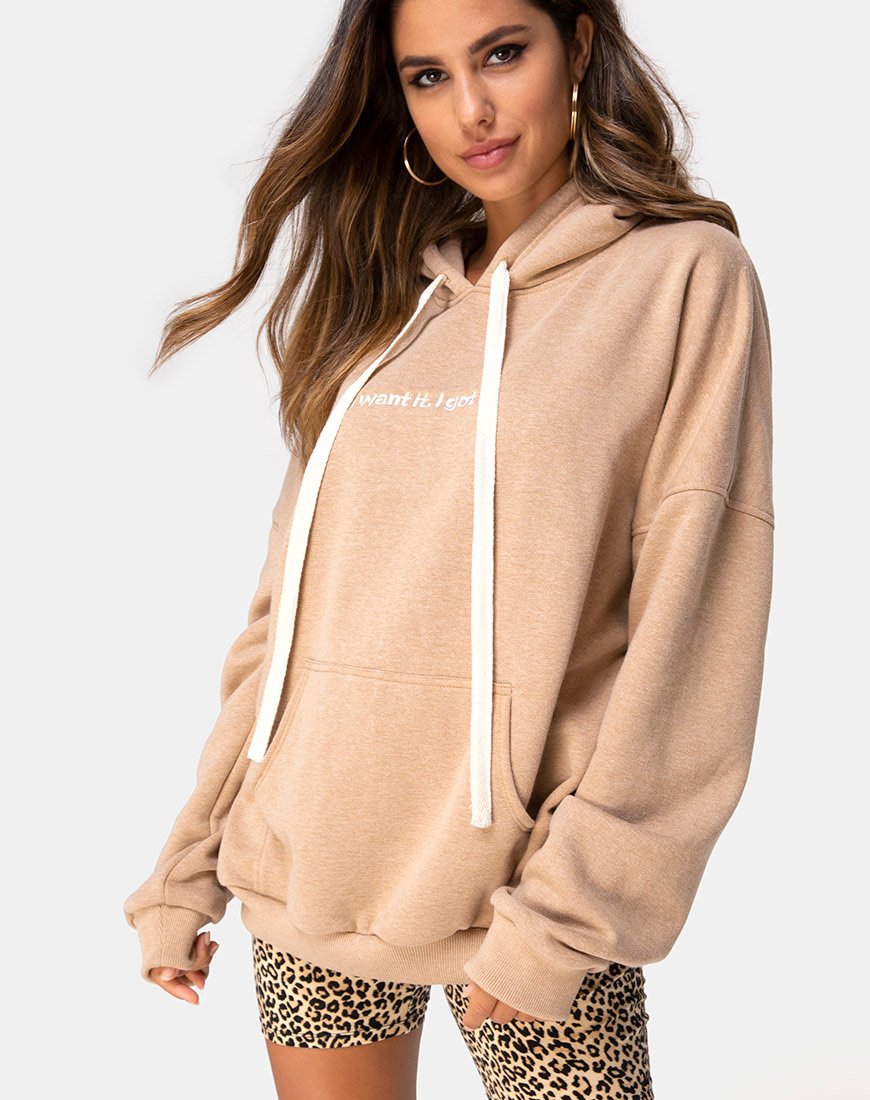 Afbeelding van Oversize Hoody in Tan I Want it Embro
