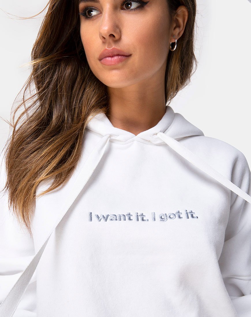 Afbeelding van Oversize Hoody in Wit I Want it Embro