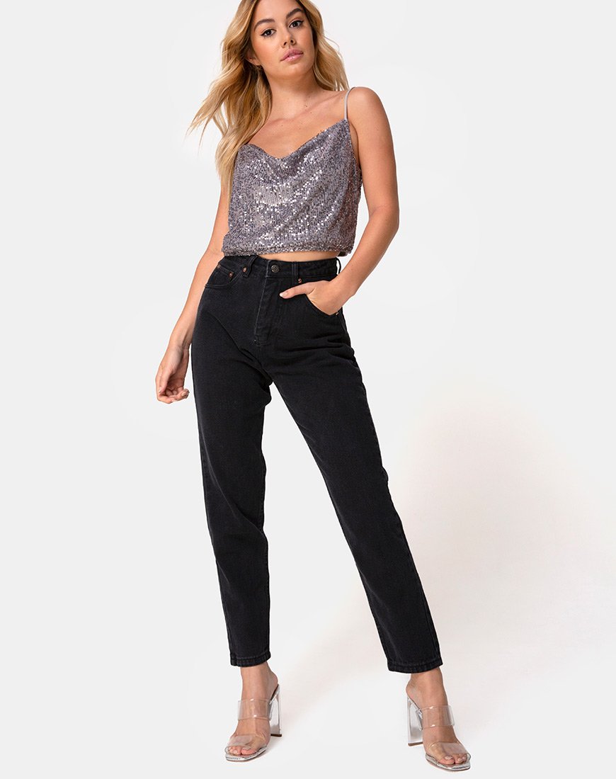 Afbeelding van Paima Strappy Top in Drape Net Pailletten Zilver