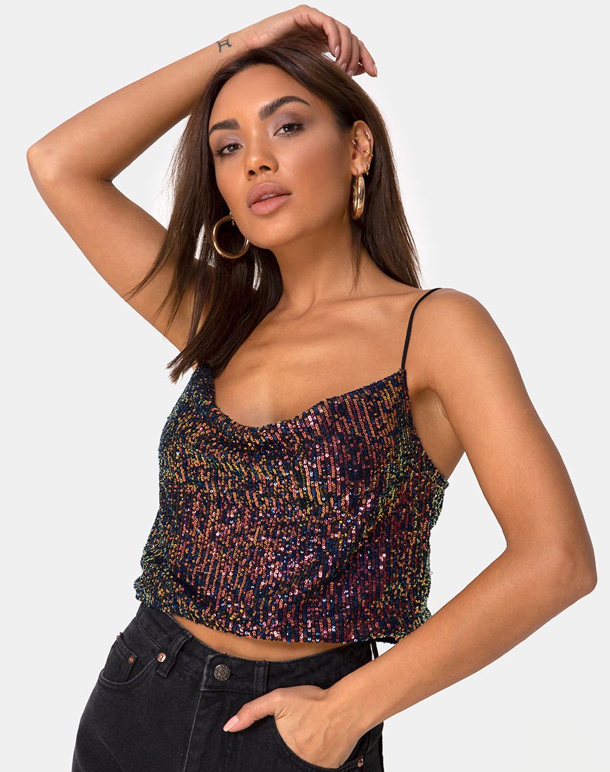 Afbeelding van Paima Strappy Top in Drape Net Sequin Iridescent Bourgondië