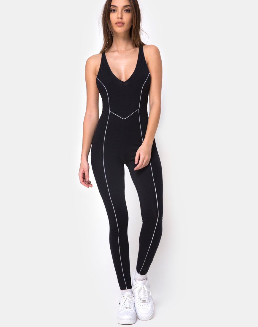 Pion Plunge Catsuit in Zwart met Bieslijn