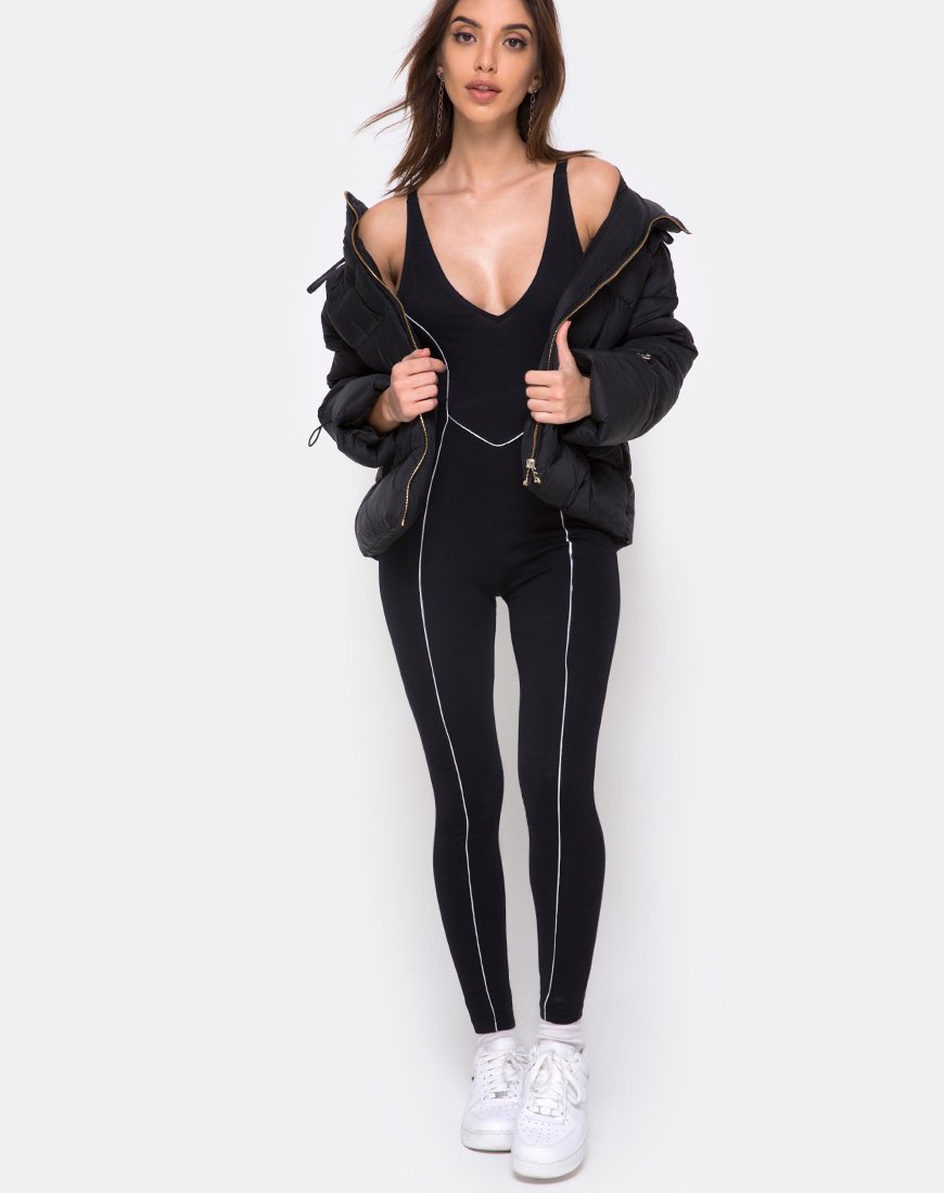 Afbeelding van Pion Plunge Catsuit in Zwart met Bieslijn