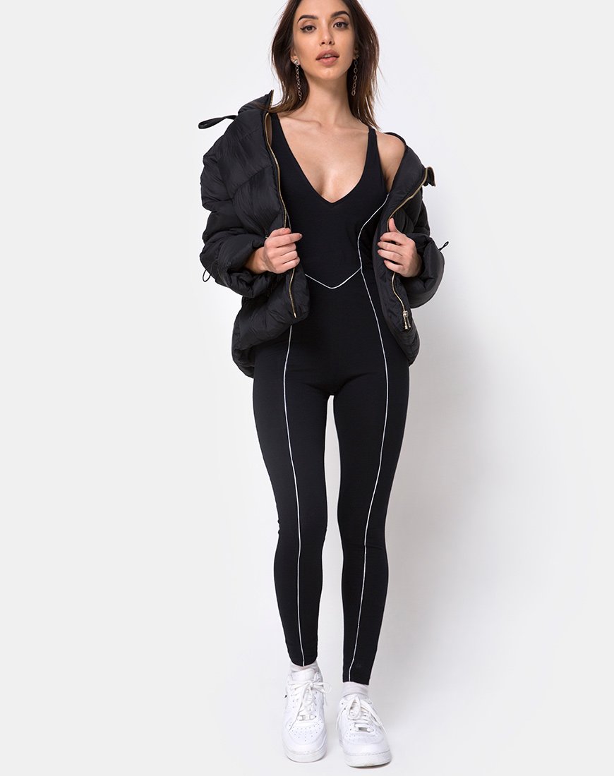 Afbeelding van Pion Plunge Catsuit in Zwart met Bieslijn
