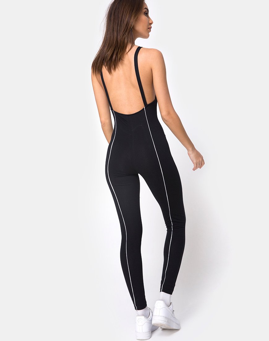 Pion Plunge Catsuit in Zwart met Bieslijn