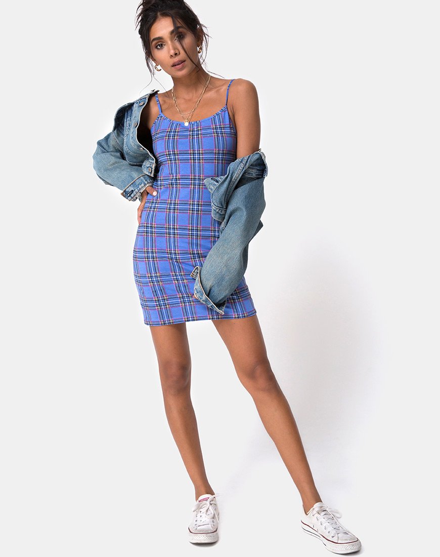 Afbeelding van Piper Bodycon Dress in 90S Check Blauw Roze