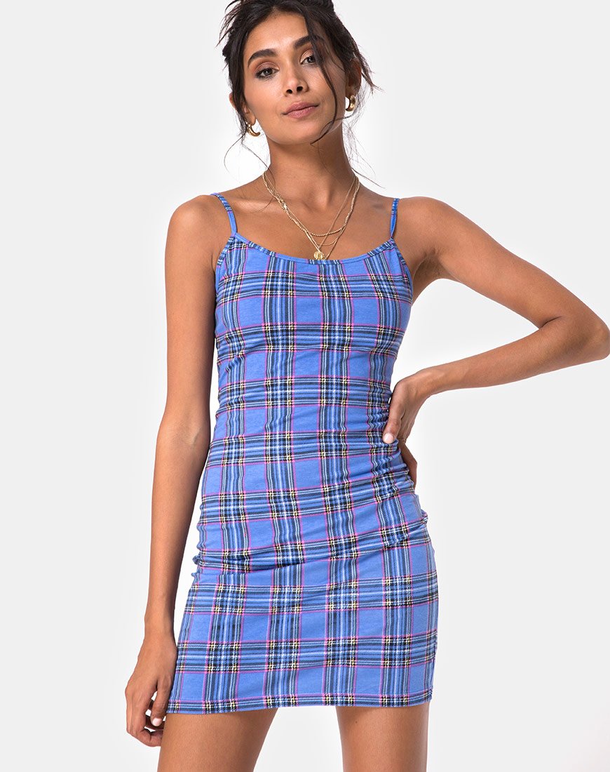 Piper Bodycon Dress in 90's Check Blauw Roze