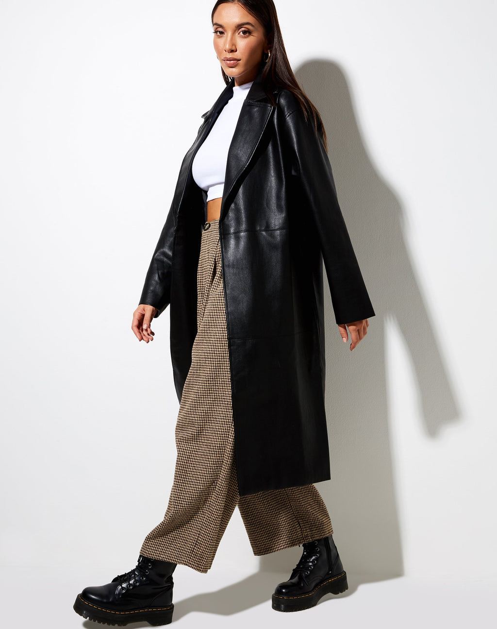 Duster Longline Coat in Pu Zwart