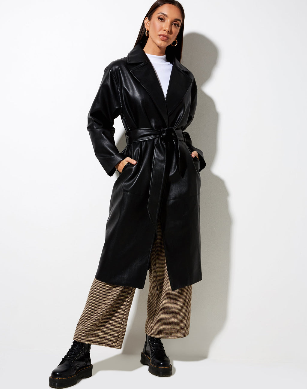 Duster Longline Coat in Pu Zwart