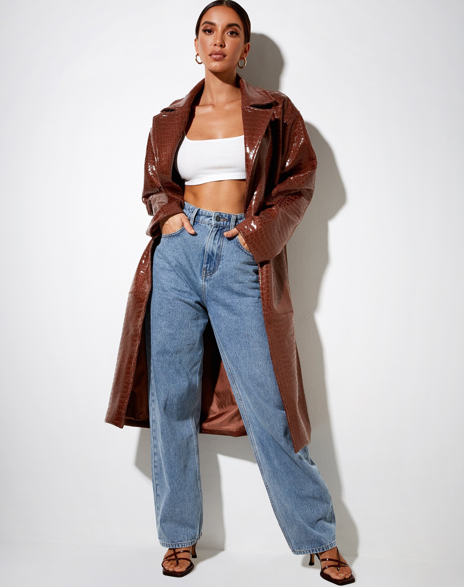 Afbeelding van Duster Longline Coat in Croc Pu Bruin