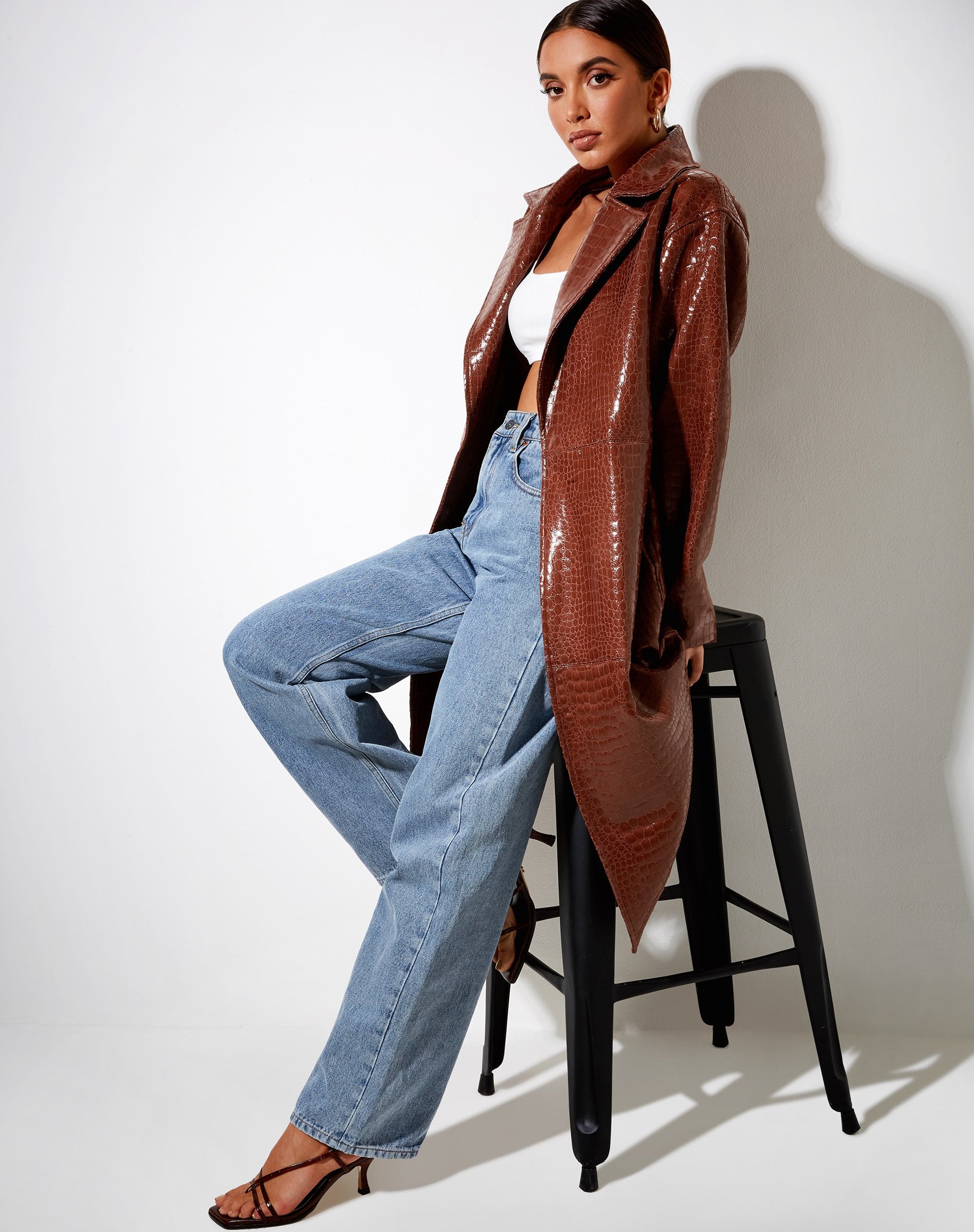 Afbeelding van Duster Longline Coat in Croc Pu Bruin