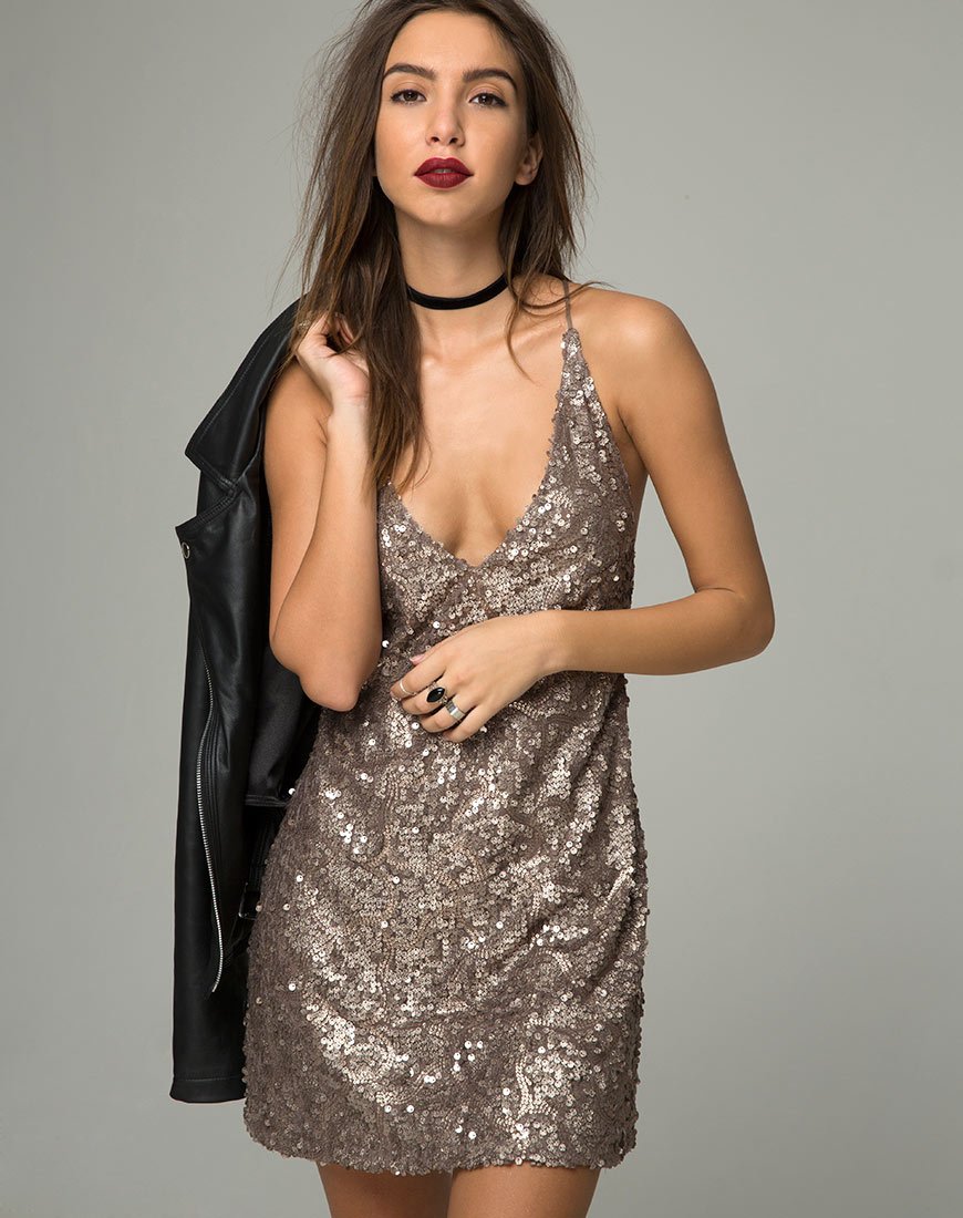 Purpura jurk in glitter lovertjes antiek goud