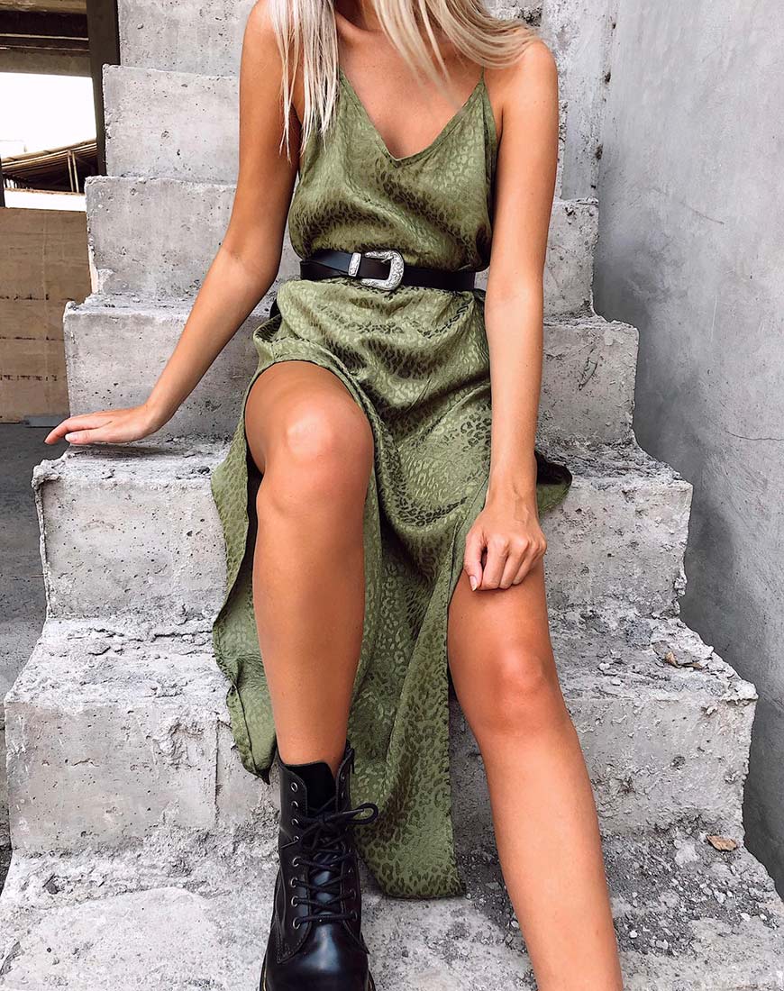 Hime Jurk in Satijn Cheetah Khaki