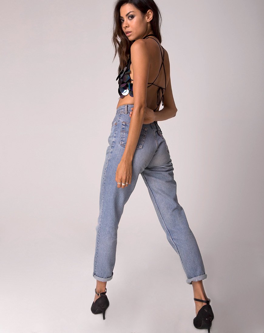 Afbeelding van Queenz Crop Top in Grote Schijf Pailletten Petrol
